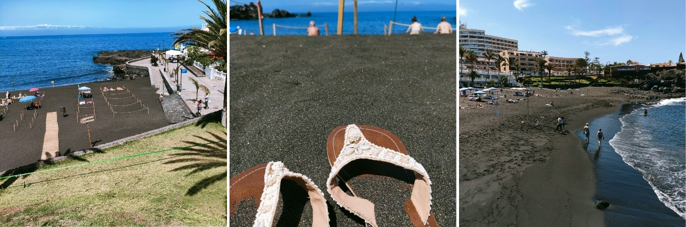 photos illustrant la plage de sable noir playa del jardin pres de puerto de la cruz